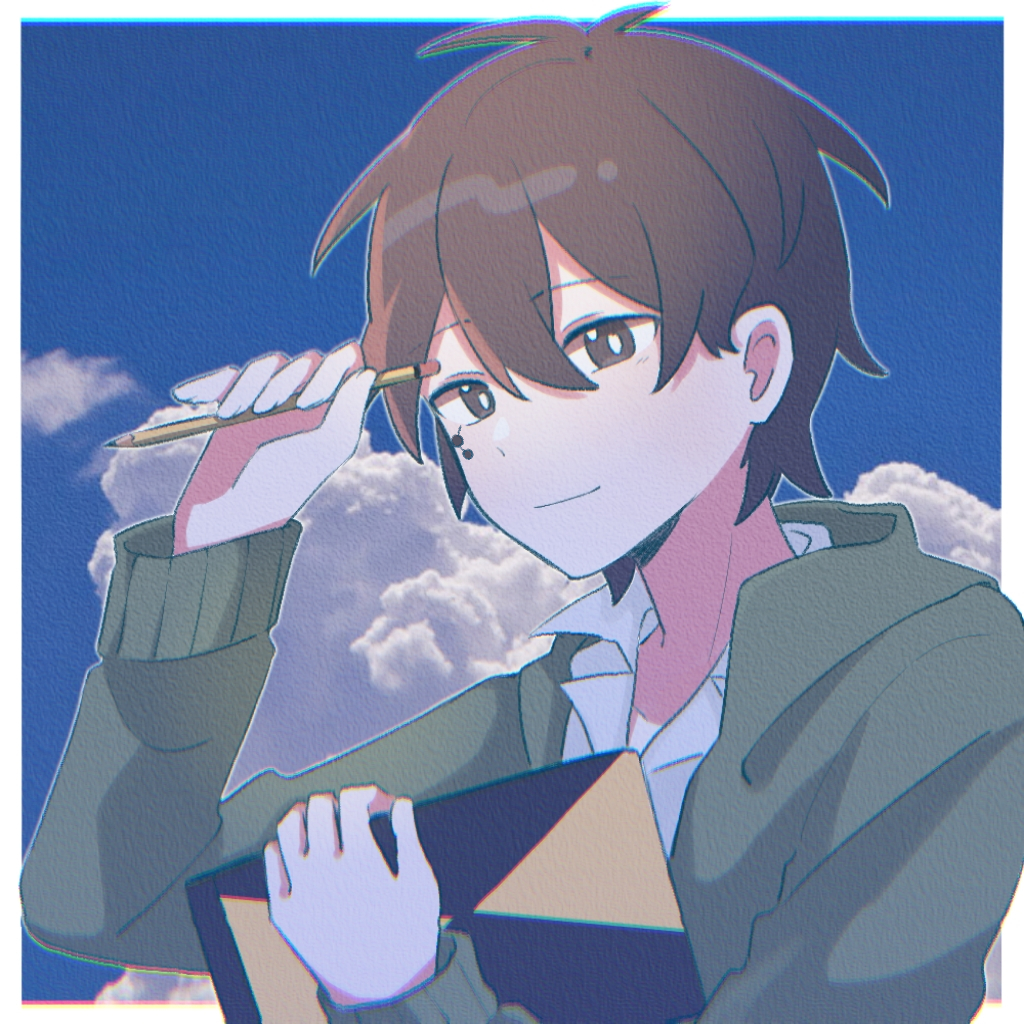 1boy blue_sky border bright_pupils brown_eyes brown_hair chinese_commentary chromatic_aberration closed_mouth clouds collared_shirt commentary dated_commentary day double-parted_bangs facial_mark green_jacket hair_between_eyes hand_up holding holding_sketchbook jacket kagerou_project kokonose_haruka koyon long_bangs long_sleeves looking_at_viewer male_focus mixed-language_commentary open_clothes open_collar open_jacket outdoors shirt short_hair sideways_glance sketchbook sky smile solo upper_body white_border white_pupils white_shirt