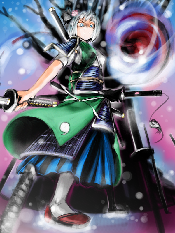 1girl adapted_costume armor bare_tree black_hairband blue_eyes blue_skirt blurry blurry_background closed_mouth commentary_request dou from_below full_body green_kimono grey_hair hairband holding holding_sword holding_weapon japanese_armor japanese_clothes kimono konpaku_youmu kote kusazuri light_particles looking_at_viewer multiple_swords outdoors retasu shaded_face short_hair short_sleeves skirt solo standing sword touhou tree v-shaped_eyebrows weapon