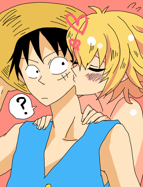 1boy 1girl ? black_hair blonde_hair blunt_bangs blush closed_eyes closed_mouth hand_on_headwear hands_on_another's_shoulders hat heart kiss kissing_cheek marguerite_(one_piece) mioda monkey_d._luffy one_piece pink_background scar scar_on_cheek scar_on_face short_hair simple_background speech_bubble straw_hat surprise_kiss surprised