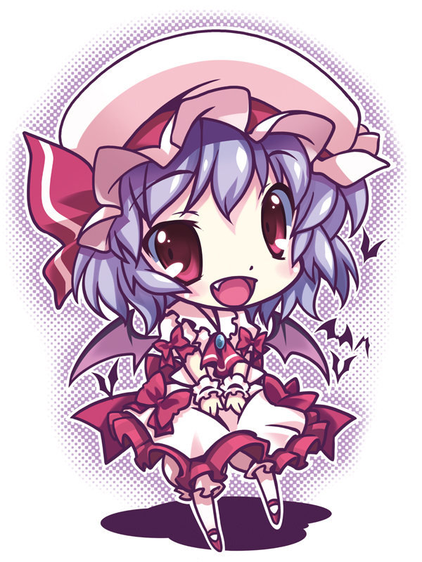 1girl ascot bat_(animal) bat_wings bloomers blue_brooch brooch chibi collared_shirt frilled_shirt_collar frilled_skirt frills full_body hat hat_ribbon jewelry looking_at_viewer lumine_(2339) mary_janes medium_hair mob_cap no_socks open_mouth pink_headwear pink_shirt pink_skirt puffy_short_sleeves puffy_sleeves purple_hair red_ascot red_eyes red_footwear red_ribbon remilia_scarlet ribbon shadow shirt shoes short_sleeves simple_background skirt solo touhou underwear v_arms white_background white_bloomers wings wrist_cuffs