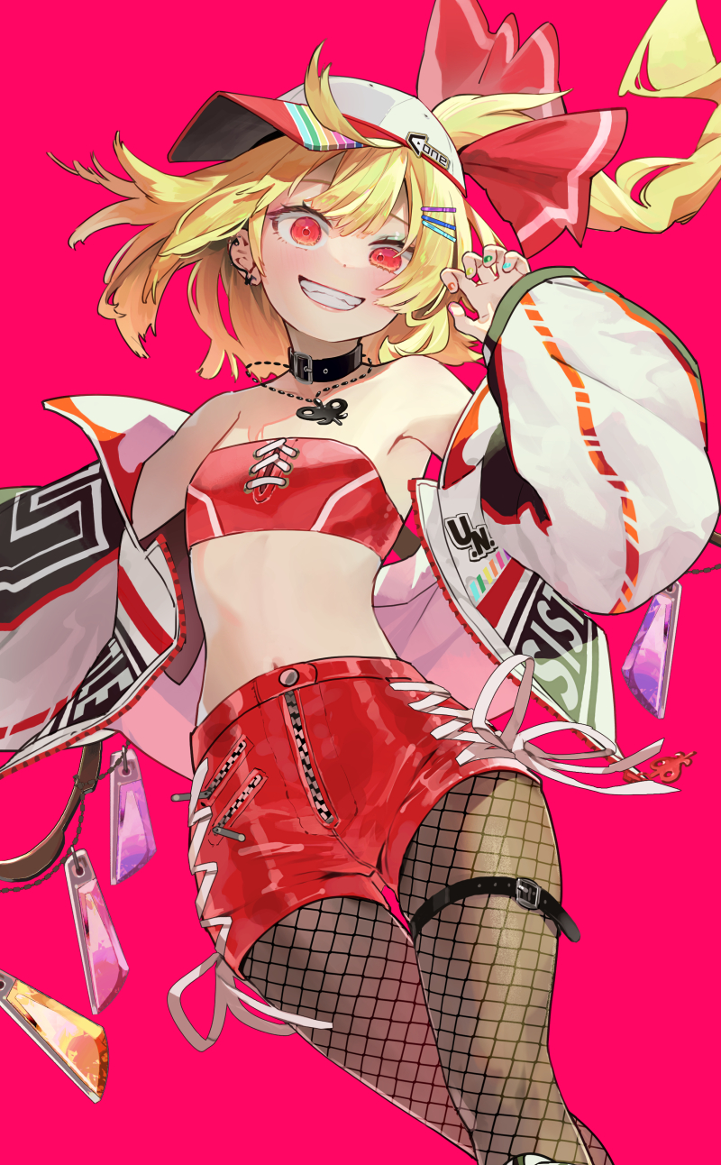 1girl alternate_costume bare_shoulders baseball_cap blonde_hair crystal fishnets flandre_scarlet flat_chest hat highres jacket jewelry laevatein_(touhou) medium_hair midriff multicolored_clothes multicolored_jacket navel necklace one_side_up open_clothes open_jacket red_eyes red_jacket red_shorts shorts smile solo sports_bra strapless_sports_bra syuri22 touhou white_jacket wings