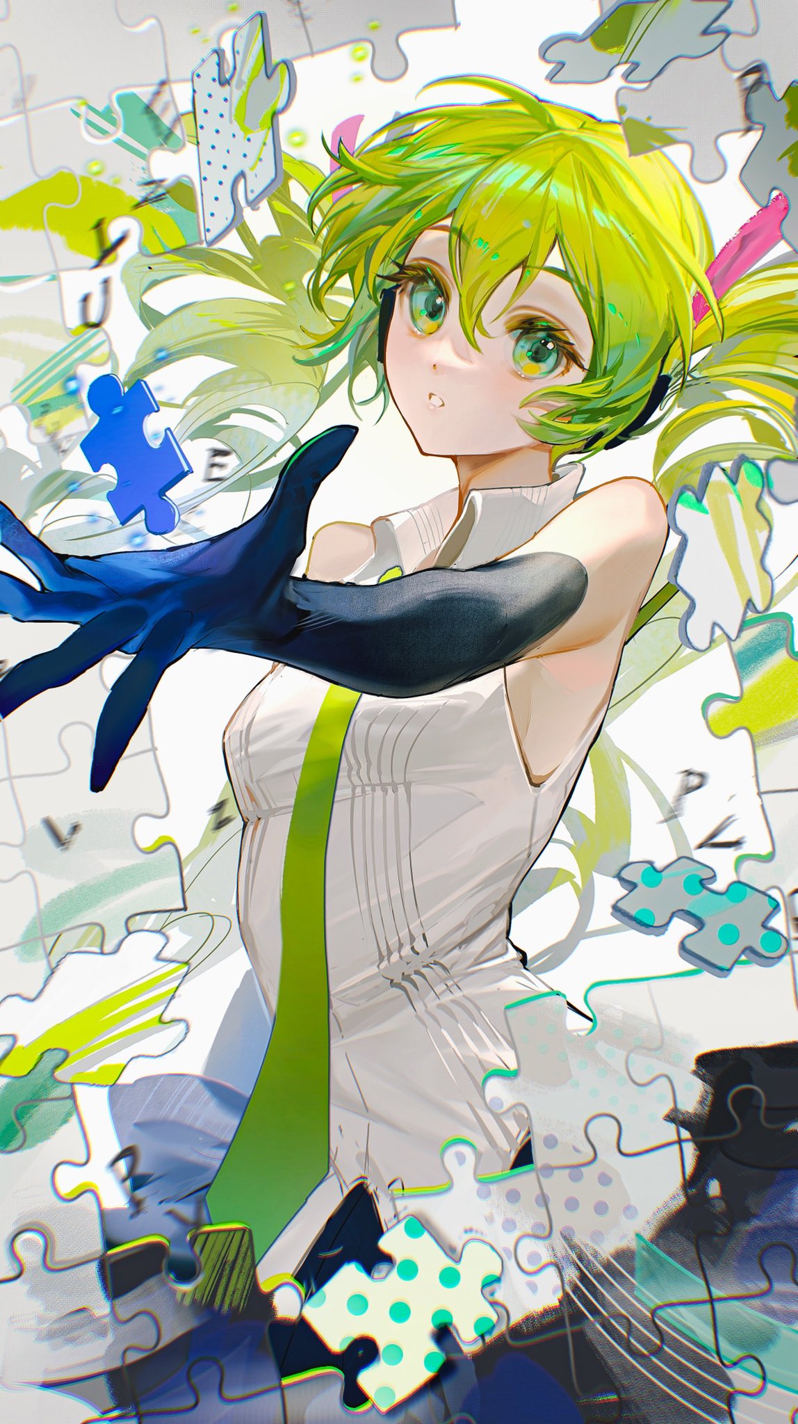 1girl absurdly_long_hair bare_shoulders black_gloves black_skirt breasts chromatic_aberration drill_hair elbow_gloves eyelashes gloves gradient_background green_eyes green_hair green_necktie hair_between_eyes hair_ribbon hatsune_miku highres long_hair looking_at_viewer medium_breasts necktie outstretched_arm parted_lips pink_ribbon pleated_skirt puzzle puzzle_piece reaching reaching_towards_viewer ribbon rumoon shirt sidelocks skirt sleeveless sleeveless_shirt solo twin_drills twintails very_long_hair vocaloid white_shirt