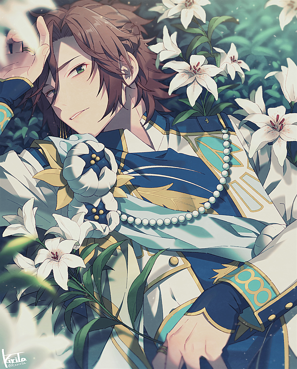 1boy aqua_sash beads blue_shirt blurry braid brown_hair corsage curtained_hair depth_of_field earrings ensemble_stars! flower french_braid gold_trim green_eyes hair_between_eyes half_updo hand_up highres holding holding_flower idol_clothes jacket jewelry kiri_futoshi leaf_print lily_(flower) long_sleeves looking_at_viewer lying male_focus mikejima_madara multiple_rings on_back on_grass parted_lips ring sash shirt short_hair shoulder_sash sideways_glance single_earring sleeves_past_wrists solo upper_body white_flower white_jacket white_lily