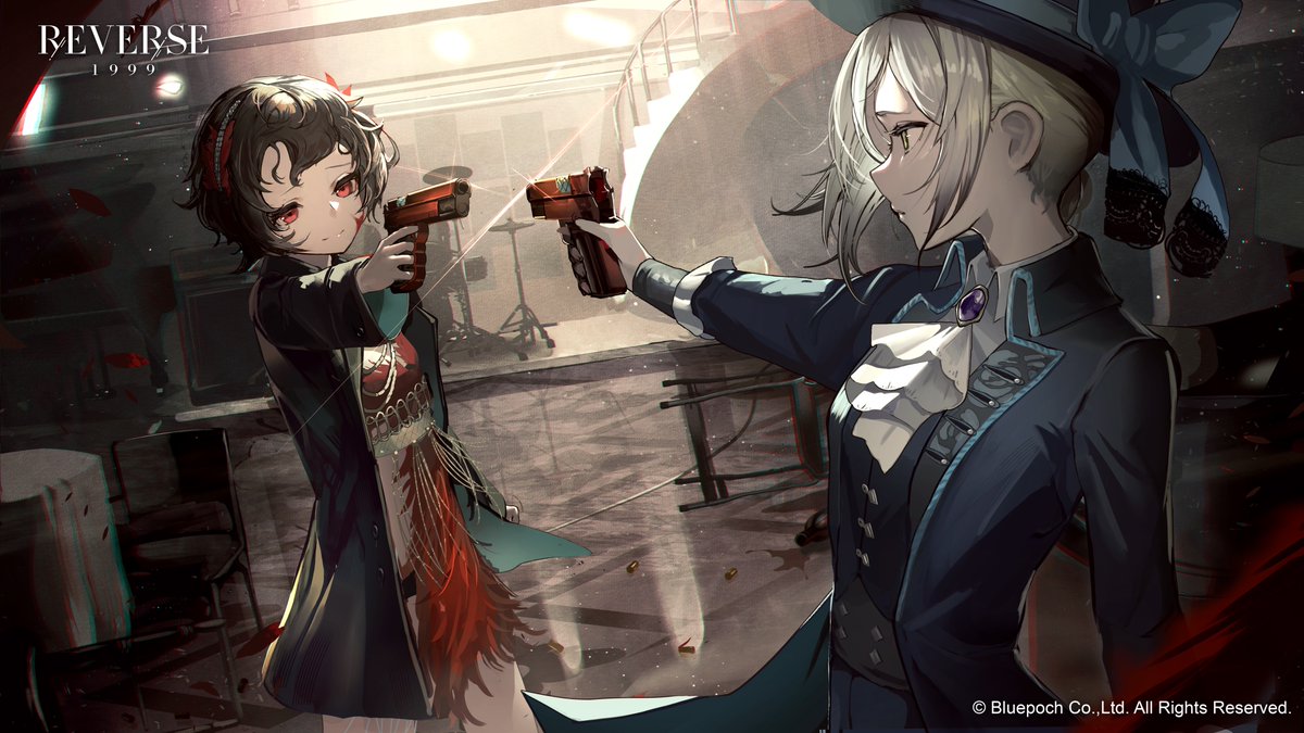 2girls aiming ascot black_hair blood blood_on_face boater_hat coat dress drum drum_set feather_dress feather_hair_ornament feathers finger_on_trigger grey_hair gun hair_ornament handgun hat hiyaori_(hiyahiyaval) holding holding_gun holding_weapon instrument jacket long_sleeves mexican_standoff multiple_girls official_art red_dress red_eyes red_feathers reverse:1999 schneider_(reverse:1999) shell_casing short_hair smile vertin_(reverse:1999) weapon weapon_request
