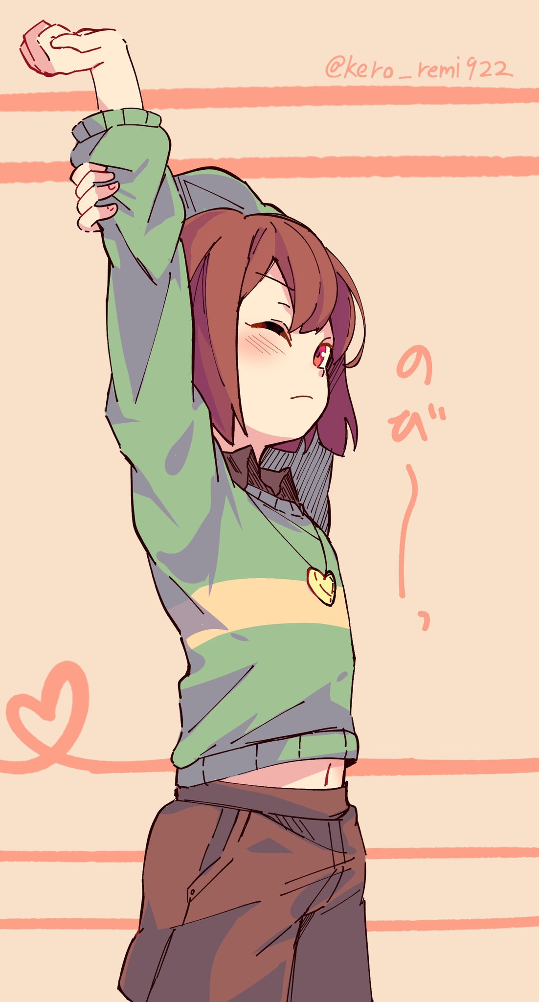 1other arm_behind_head brown_hair brown_pants chara_(undertale) green_sweater highres jewelry keroti midriff_peek necklace one_eye_closed pants red_eyes shirt stretching striped striped_shirt sweater twitter_username undertale
