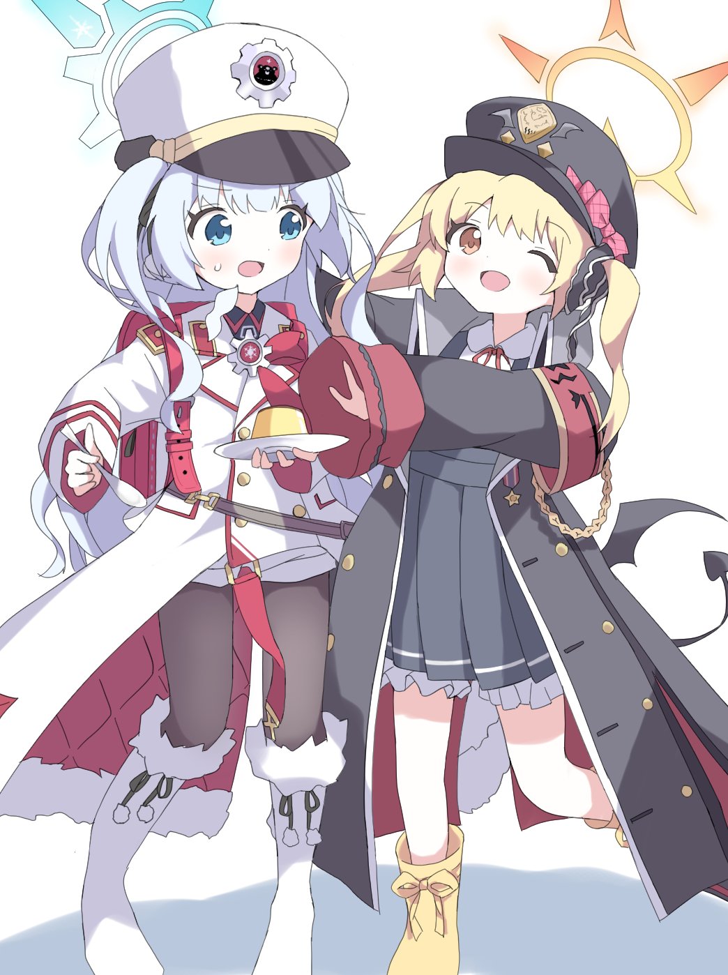 2girls :d armband backpack bag black_shirt blonde_hair bloomers blue_archive blue_eyes boots bow cherino_(blue_archive) coat collared_shirt demon_tail demon_wings dress fake_facial_hair fake_mustache food full_body fur-trimmed_boots fur_trim hair_ornament halo hat hat_bow highres holding holding_plate holding_spoon ibuki_(blue_archive) leg_up looking_at_another looking_at_viewer low_wings military_jacket multiple_girls neck_ribbon one_eye_closed open_mouth oversized_clothes pantyhose peaked_cap plate pom_pom_(clothes) pom_pom_hair_ornament pudding randoseru red_coat ribbon rubber_boots ruutenitsu_(tsuinteeru) shako_cap shirt short_shorts shorts side_ponytail simple_background smile spoon standing sweatdrop tail two-tone_coat two_side_up underwear white_background white_coat white_hair white_shirt wide_sleeves wings yellow_eyes