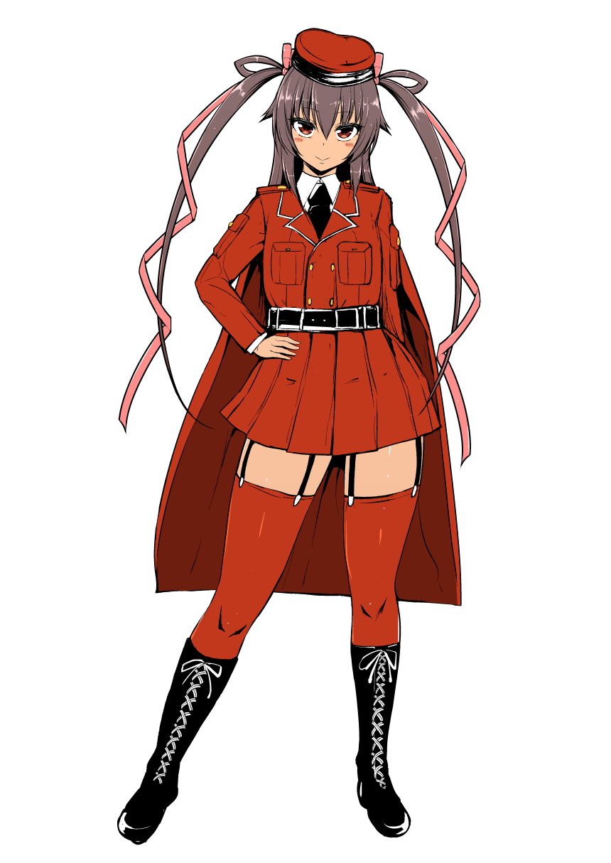 1girl belt black_necktie boots cape collared_shirt contrapposto cross-laced_footwear hand_on_own_hip highres jacket long_hair long_sleeves lovelovemaid military military_uniform mizuki_yukikaze necktie purple_hair red_cape red_eyes red_jacket red_skirt red_thighhighs shirt simple_background skirt solo taimanin_(series) taimanin_yukikaze thigh-highs thigh_boots twintails uniform very_long_hair violet_eyes white_background white_shirt