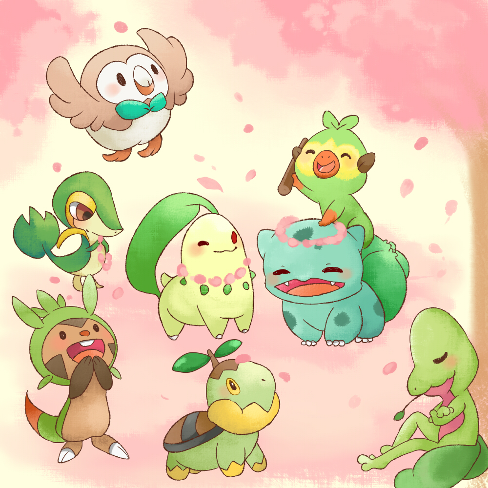 ^_^ animal_focus arm_up bird black_eyes blank_eyes blush blush_stickers buck_teeth bulbasaur cherry_blossoms chespin chikorita closed_eyes closed_mouth colored_sclera commentary fangs from_side full_body grookey hand_to_own_mouth hands_up happy head_wreath holding holding_stick monkey no_humans one_eye_closed open_mouth owl own_hands_together petals pink_background pokemon pokemon_(creature) profile red_eyes rowlet sitting smile snivy solid_oval_eyes standing stick teeth trait_connection tree treecko turtwig u_u yellow_sclera yuki00yo