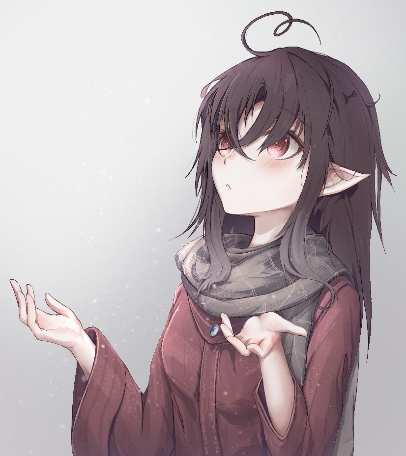 1girl ahoge black_hair cool_moon_(16147979) gem grey_scarf irina_luminesk long_hair looking_up open_hand pointy_ears red_eyes red_shirt scarf shirt snow snowing solo tsuki_to_laika_to_nosferatu white_background