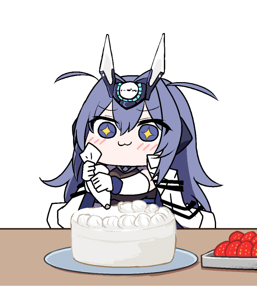 1girl :3 animated animated_gif artist_request azur_lane blue_eyes blue_hair bodystocking cake chibi coat coat_on_shoulders cream cream_on_face elbow_gloves food food_on_face fruit gloves licking_lips long_hair new_jersey_(azur_lane) official_art solo strawberry tongue tongue_out white_coat white_gloves