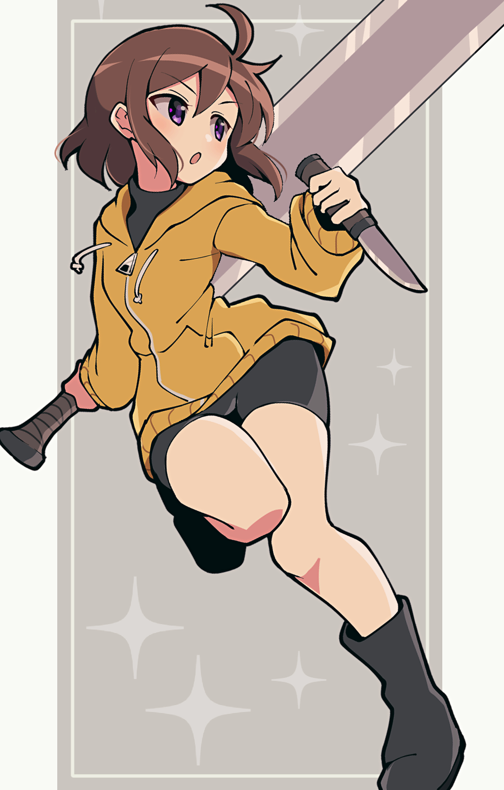 1girl :o ahoge bike_shorts boots brown_hair highres holding holding_knife holding_sword holding_weapon hood hoodie huge_ahoge itsuka_neru knife linne open_mouth reverse_grip short_hair solo sword under_night_in-birth violet_eyes weapon yellow_hoodie