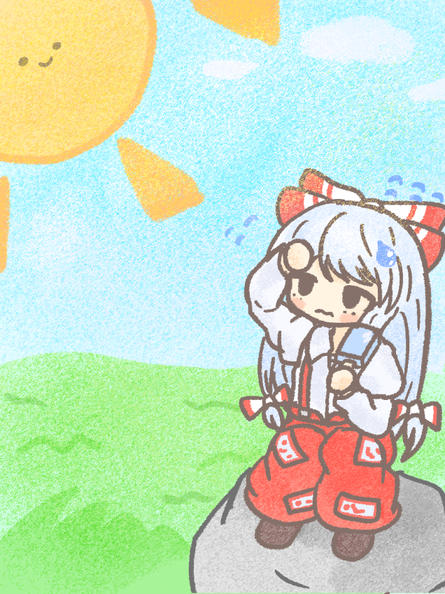 1girl blue_sky bow closed_mouth commentary_request flying_sweatdrops food fujiwara_no_mokou full_body hair_bow holding holding_food juliet_sleeves long_hair long_sleeves ofuda ofuda_on_clothes outdoors pants popsicle puffy_sleeves red_pants sky solid_oval_eyes solo sun suspenders tanakarabotaga touhou white_hair