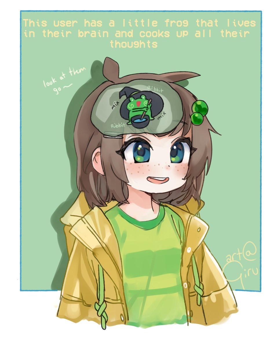 1girl :d artist_name blue_eyes border brown_hair cauldron commentary drawstring english_commentary english_text freckles frog girutea green_background green_eyes hair_bobbles hair_ornament hat highres indie_virtual_youtuber jacket lily_hopkins multicolored_eyes open_clothes open_jacket open_mouth short_hair simple_background smile solo stirring teeth twitter_username upper_teeth_only virtual_youtuber white_border witch_hat x-ray yellow_jacket