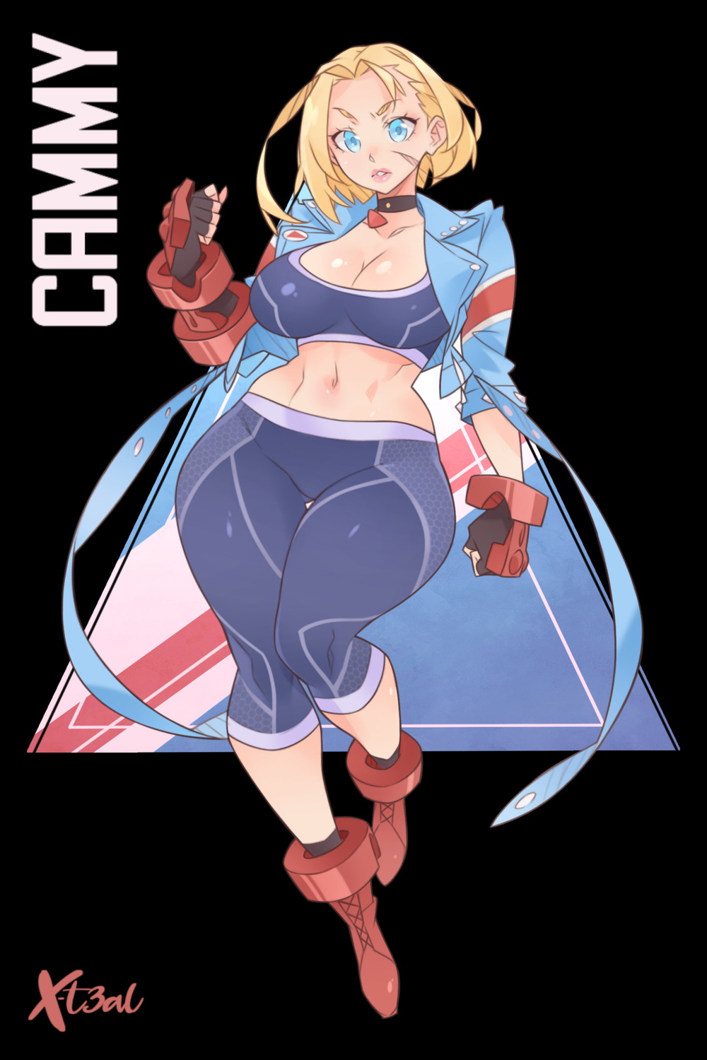 1girl antenna_hair artist_name black_background blonde_hair blue_eyes blue_jacket boots breasts cammy_white character_name choker fingerless_gloves full_body gloves highres jacket large_breasts looking_at_viewer navel pants parted_lips pink_lips red_gloves scar scar_on_cheek scar_on_face short_hair solo sports_bra street_fighter street_fighter_6 thighs tight_clothes tight_pants triangle wide_hips x-t3al yoga_pants