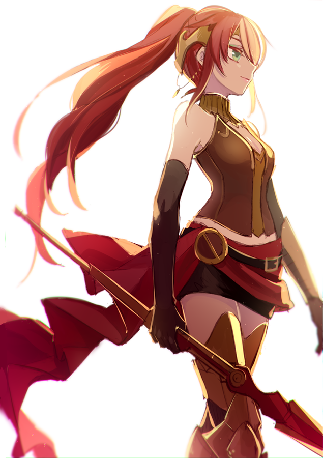 1girl bare_shoulders black_skirt brown_gloves brown_vest closed_mouth cowboy_shot crown elbow_gloves gloves green_eyes holding holding_polearm holding_weapon long_hair looking_to_the_side polearm pyrrha_nikos redhead rwby shiki_(shikki46) sidelocks simple_background skirt solo spear very_long_hair vest walking weapon white_background