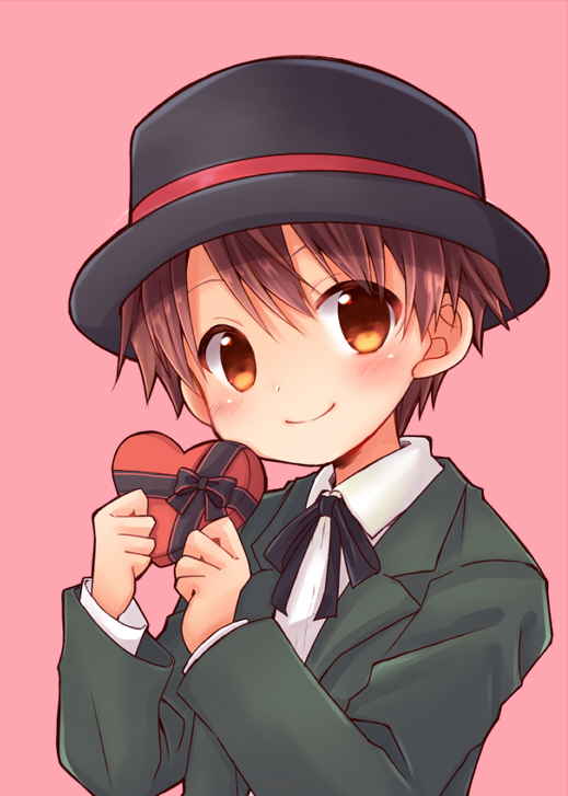 1boy black_headwear black_ribbon blush box brown_eyes brown_hair chana_gon closed_mouth collared_shirt commentary_request dress_shirt green_jacket hair_between_eyes hands_up hat heart-shaped_box holding holding_box jacket lapels long_sleeves looking_at_viewer male_focus mother_(game) mother_2 neck_ribbon open_clothes open_jacket pink_background ribbon shirt short_hair simple_background smile solo tony_(mother_2) upper_body white_shirt wing_collar