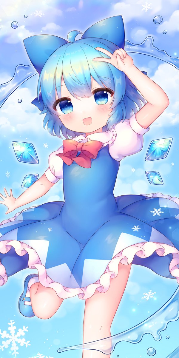 1girl blue_bow blue_dress blue_eyes blue_footwear blue_hair blush bow cirno coa_(chroo_x) collared_shirt detached_wings dress fairy foot_out_of_frame frilled_dress frills hair_between_eyes hair_bow highres ice ice_wings open_mouth shirt shoes short_hair short_sleeves smile socks solo touhou v white_shirt white_socks wings
