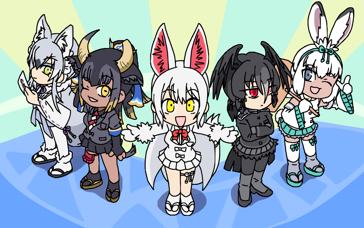 5girls :d animal_ears arm_at_side arm_up bird_ears bird_girl bird_wings blonde_hair bow bowtie broken_horn chibi closed_mouth crossed_arms dark-skinned_female dark_skin detached_sleeves expressionless extra_ears fingerless_gloves fox_ears fox_girl fox_tail fur_collar geta gloves goshingyu-sama_(kemono_friends) green_eyes grey_eyes grey_hair grey_horns greyscale hair_between_eyes hairband hand_up head_wings holding holding_mallet horizontal_pupils horns index_finger_raised jacket japanese_clothes kemono_friends kemono_friends_3 kimono kine leaning_forward legs_apart light_smile long_hair long_sleeves looking_at_viewer makami_(kemono_friends) mallet monochrome multicolored_hair multicolored_horns multiple_girls neck_ribbon oinari-sama_(kemono_friends) okobo one_eye_closed open_mouth outstretched_arms over_shoulder ox_ears ox_girl ox_horns ox_tail pantyhose rabbit_ears rabbit_girl rabbit_tail red_bow red_bowtie red_eyes ribbon shirt short_sleeves side-by-side skirt smile spread_arms srd_(srdsrd01) standing tabi tail thigh-highs thigh_strap tsukuyomi_shinshi_(kemono_friends) two-tone_hair very_long_hair white_hair wide_sleeves wings wolf_ears wolf_girl wolf_tail yatagarasu_(kemono_friends) yellow_eyes yellow_horns zettai_ryouiki
