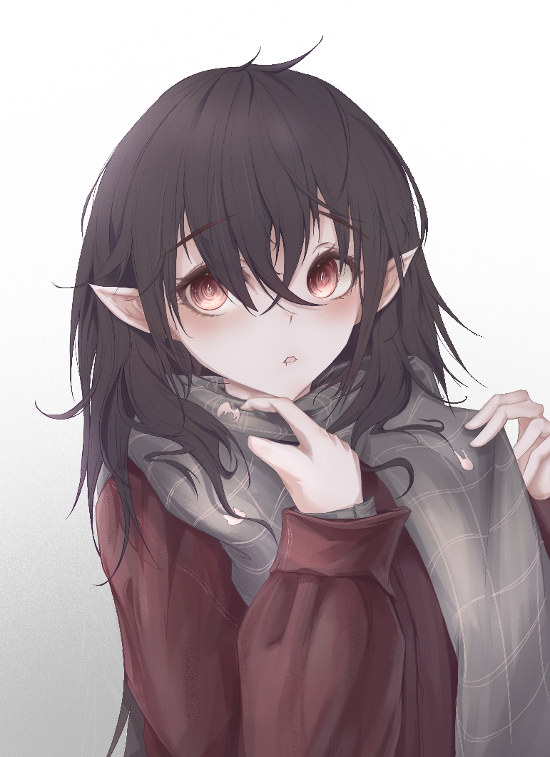 1girl ahoge black_hair blush cool_moon_(16147979) grey_scarf holding holding_clothes holding_scarf irina_luminesk long_hair open_mouth pointy_ears rabbit_pin red_eyes red_shirt scarf shirt solo tsuki_to_laika_to_nosferatu