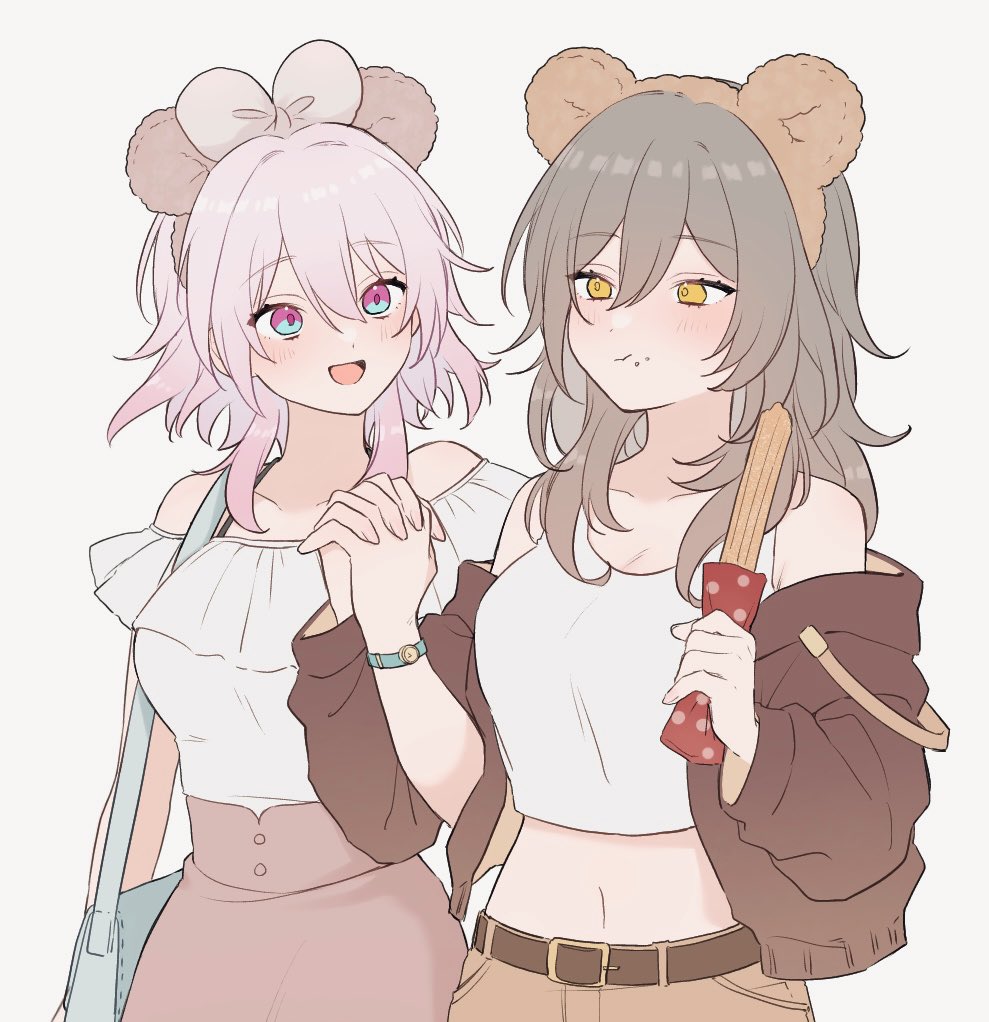 2girls alternate_costume animal_ears bag bare_shoulders bear_ears belt black_belt black_jacket blue_bag blue_eyes blush bow breasts buttons closed_mouth collarbone eating fake_animal_ears fingernails food food_on_face grey_hair hair_between_eyes hand_up hands_up holding holding_food holding_hands honkai:_star_rail honkai_(series) jacket long_hair long_sleeves looking_at_another looking_to_the_side march_7th_(honkai:_star_rail) medium_breasts multicolored_eyes multiple_girls navel off-shoulder_shirt off_shoulder open_clothes open_jacket open_mouth orange_shorts pink_eyes pink_hair pink_skirt pocket polka_dot puffy_long_sleeves puffy_sleeves shirt short_hair shorts simple_background siro_look skirt smile standing stelle_(honkai:_star_rail) t-shirt tank_top tongue trailblazer_(honkai:_star_rail) watch white_background white_bow white_shirt white_tank_top yellow_eyes yuri