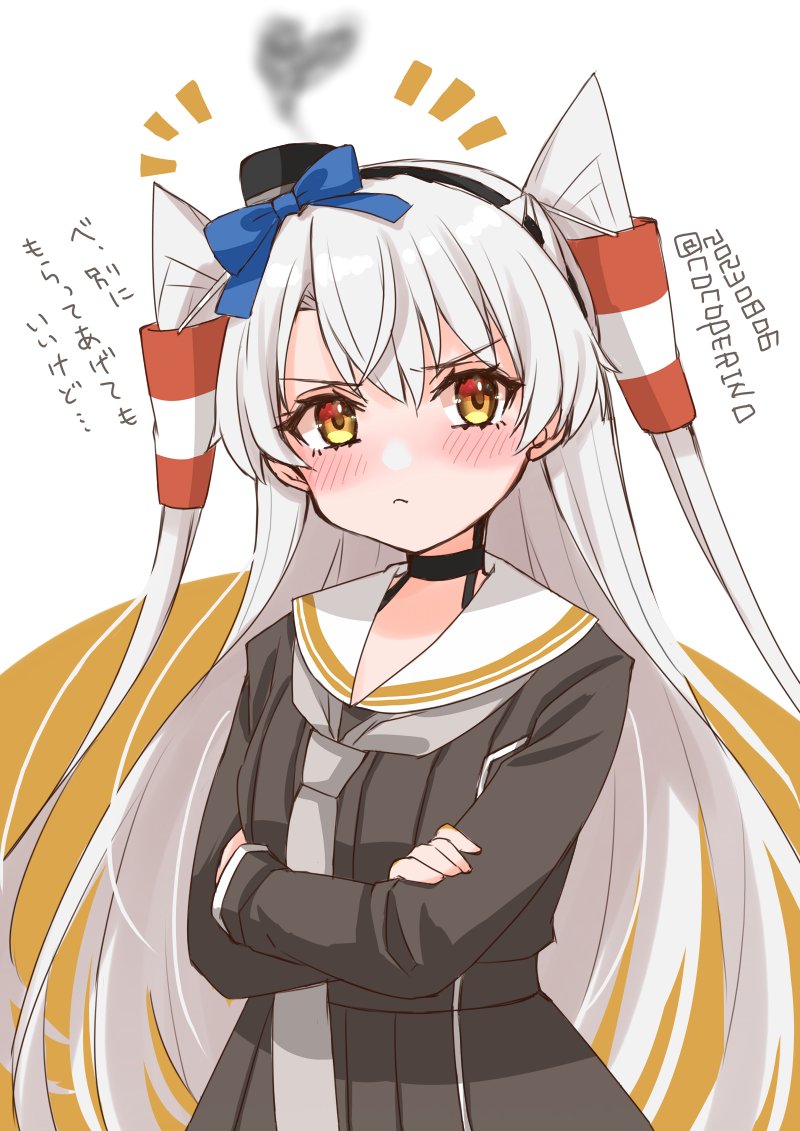 1girl amatsukaze_(kancolle) amatsukaze_kai_ni_(kancolle) black_choker black_dress blue_ribbon choker cocoperino commentary_request crossed_arms dated dress grey_neckerchief hair_tubes kantai_collection neckerchief notice_lines one-hour_drawing_challenge orange_eyes ribbon sailor_collar sailor_dress smokestack_hair_ornament solo translation_request twitter_username two_side_up white_hair white_sailor_collar