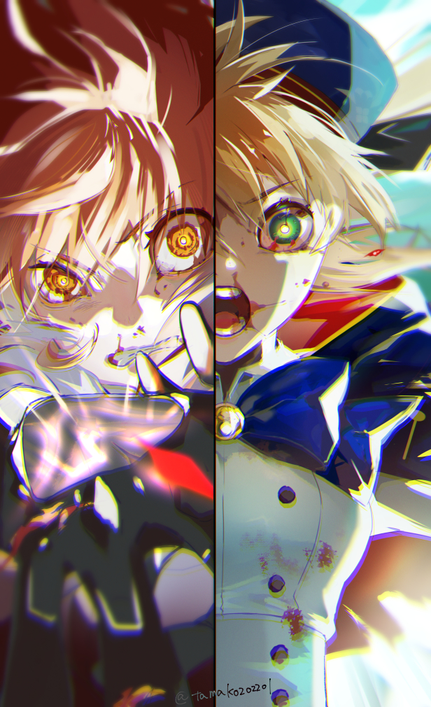 2girls artoria_caster_(fate) artoria_caster_(second_ascension)_(fate) artoria_pendragon_(fate) blonde_hair blood blood_from_eyes blue_cape blue_headwear cape clenched_teeth command_spell commentary_request constricted_pupils fate/grand_order fate_(series) fujimaru_ritsuka_(female) green_eyes hanako_(onikutabetaiyo) hood hooded_cape multiple_girls nosebleed open_mouth orange_eyes orange_hair split_screen teeth upper_body