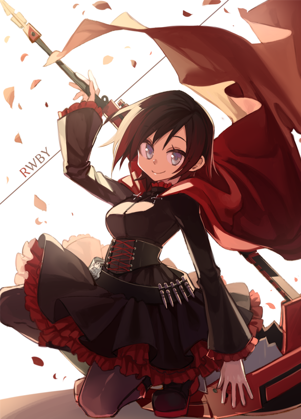 1girl black_dress black_hair cape closed_mouth crescent_rose dress falling_petals frilled_dress frilled_sleeves frills gradient_hair grey_eyes holding holding_scythe kneeling looking_at_viewer multicolored_hair petals red_cape redhead ruby_rose rwby scythe shiki_(shikki46) simple_background smile solo white_background
