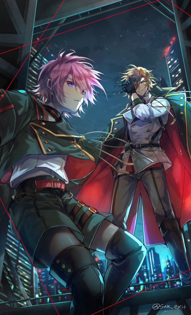 2boys a_dark_night's_passing_(ensemble_stars!) aiguillette aqua_eyes belt belt_chain black_belt black_footwear black_gloves black_pantyhose boots brown_hair building buttons city_lights closed_mouth coat coat_on_shoulders collared_shirt covering_one_eye double-breasted double_face_(ensemble_stars!) ensemble_stars! feet_out_of_frame full_body gloves green_coat green_shorts grey_pants grey_shirt grey_vest hair_between_eyes hair_over_one_eye harness jiyo_(3510_tss) knee_boots lapels laser long_sleeves looking_at_viewer male_focus medal mikejima_madara multiple_boys necktie night official_alternate_costume oukawa_kohaku pants pantyhose pink_hair railing red_belt red_coat red_necktie shirt short_hair shorts sky skyscraper smile standing star_(sky) starry_sky thigh_belt thigh_boots thigh_strap two-sided_coat vest violet_eyes white_shirt