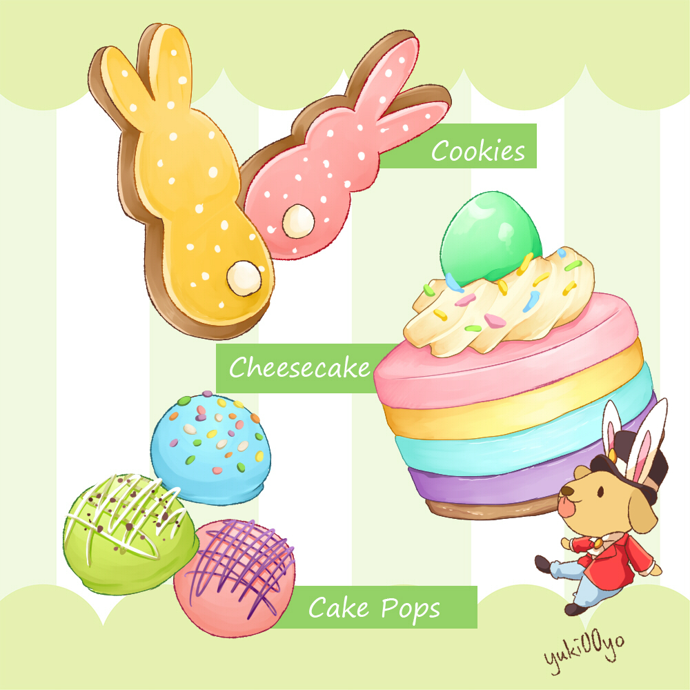 1boy :3 animal_ears animal_nose artist_name ascot black_eyes black_footwear black_headwear blue_pants body_fur cake cake_pop cheesecake closed_mouth collared_shirt commentary cookie cream dessert dog_(yuki00yo) dog_boy dog_ears english_commentary english_text fake_animal_ears food food_focus food_name full_body furry furry_male green_background happy hat jacket long_sleeves original pants rabbit_ears red_jacket shirt shoes signature smile solid_oval_eyes solo sprinkles standing striped striped_background tongue tongue_out top_hat white_ascot white_shirt yellow_fur yuki00yo