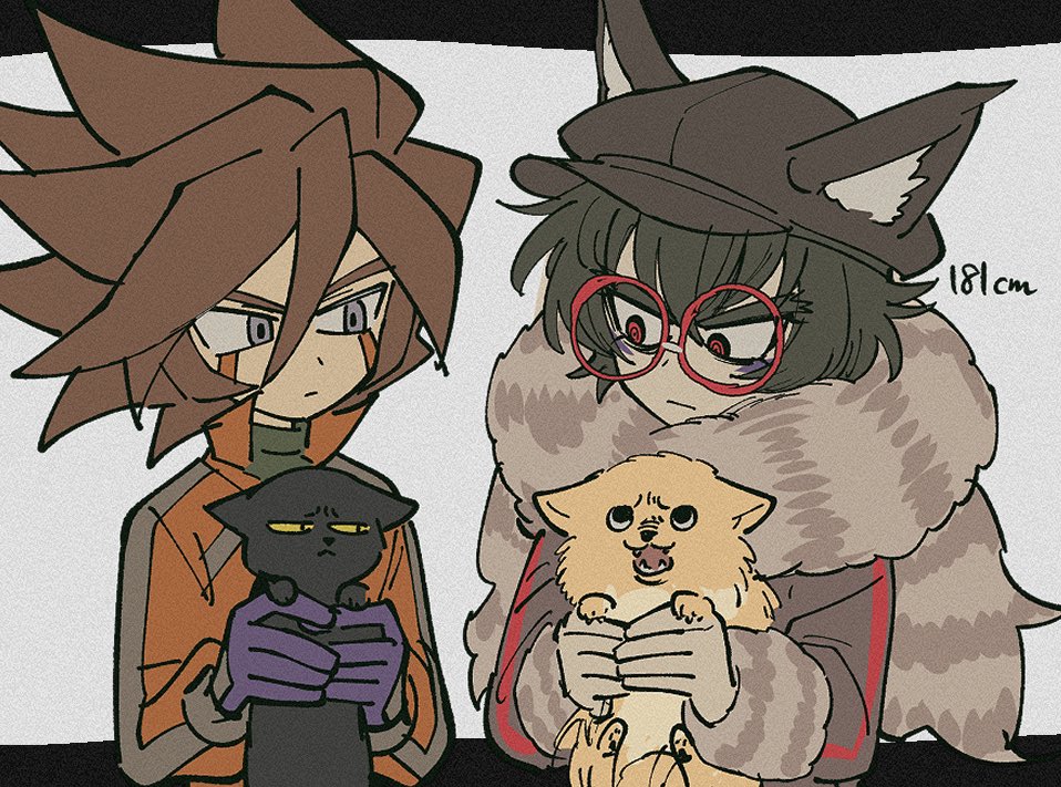 2boys animal animal_ears animal_hat black_cat black_headwear blue_eyes brown_hair cabbie_hat cat character_request closed_mouth coat commentary_request copyright_request crossover dog eye_contact facial_mark fake_animal_ears fur-trimmed_sleeves fur_collar fur_trim glasses gloves green_hair grey_coat hair_between_eyes hat height holding holding_animal holding_cat holding_dog jacket karabako long_sleeves looking_at_another male_focus master_detective_archives:_rain_code multiple_boys open_mouth orange_jacket purple_gloves red-framed_eyewear red_eyes round_eyewear short_hair spiky_hair thick_eyebrows upper_body white_gloves zilch_alexander