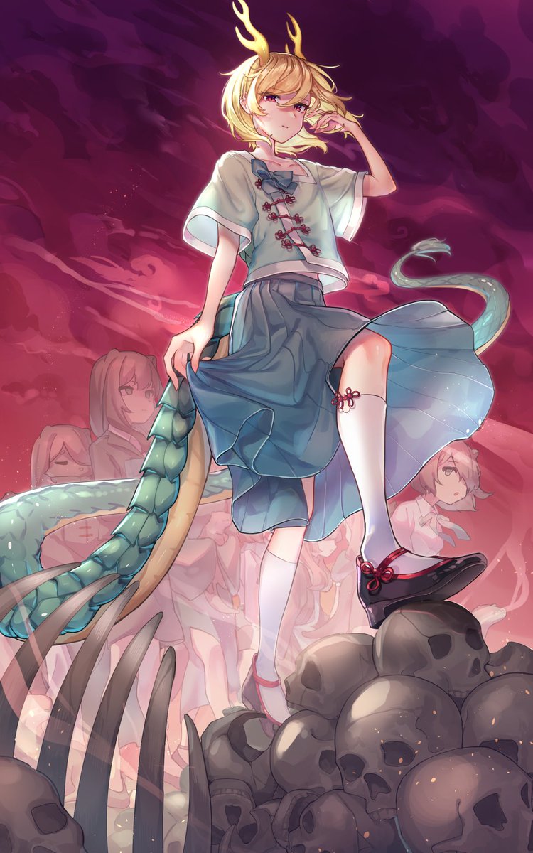 animal_ears blonde_hair blue_shirt blue_skirt bone commission dragon_girl dragon_horns dragon_tail fog full_body gradient_background green_scales highres horns kicchou_yachie long_tail looking_at_viewer multicolored_background multiple_girls otter_girl otter_spirit_(touhou) red_eyes shirt short_hair short_sleeves skeb_commission skirt skull socks standing stepped_on tail touhou wankosoba_(wanwan_soba) white_socks
