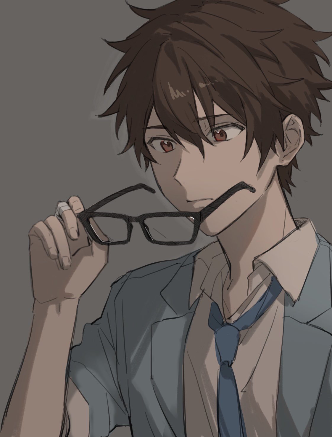 1boy arms_up blue_jacket blue_necktie brown_hair closed_mouth collared_shirt dark_skin ensemble_stars! eyewear_removed fingernails glasses grey_background highres holding holding_removed_eyewear jacket lapels male_focus morisawa_chiaki naihowda necktie notched_lapels shirt short_hair simple_background sleeves_removed solo upper_body white_shirt