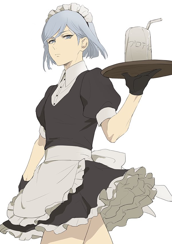 1boy alternate_costume apron black_dress black_gloves closed_mouth crossdressing cup dress drinking_straw enmaided frilled_dress frills gloves grey_eyes grey_hair holding holding_tray isa_(peien516) looking_at_viewer maid maid_headdress male_focus otoko_no_ko persona persona_3 puffy_short_sleeves puffy_sleeves sanada_akihiko short_sleeves simple_background solo tray waist_apron white_apron white_background