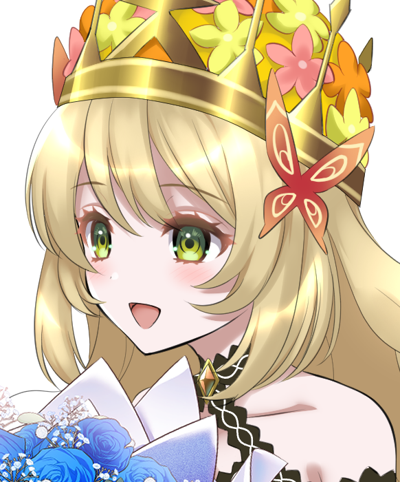 bare_shoulders blonde_hair blue_flower blue_rose bouquet butterfly_hair_ornament celine_(fire_emblem) choker crown facing_to_the_side fire_emblem fire_emblem_engage flower green_eyes hair_ornament holding holding_bouquet kakiko210 open_mouth rose solo