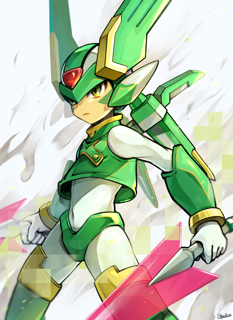 1boy android closed_mouth cowboy_shot cropped_jacket dual_wielding frown green_eyes green_headwear harpuia_(mega_man) helmet holding holding_sword holding_weapon male_focus mega_man_(series) mega_man_zero_(series) pechka signature solo sword weapon white_background