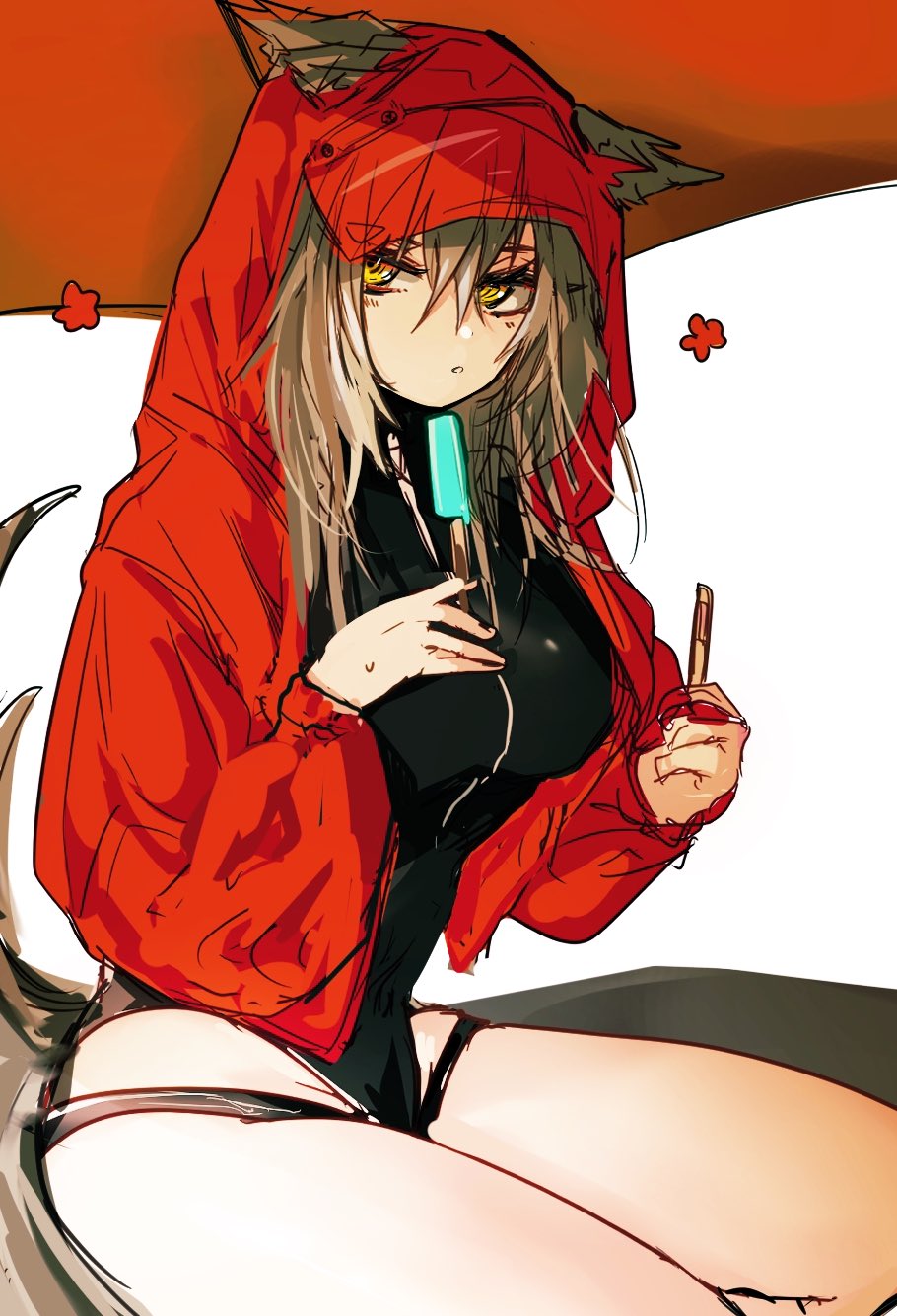 1girl animal_ears arknights casual_one-piece_swimsuit closed_mouth ears_through_headwear food grey_hair highres holding holding_food hood hood_up hooded_jacket jacket looking_at_viewer official_alternate_costume one-piece_swimsuit open_clothes open_jacket popsicle projekt_red_(arknights) projekt_red_(light_breeze)_(arknights) red_jacket simple_background swimsuit tail ub_orca wolf_ears wolf_girl wolf_tail yellow_eyes