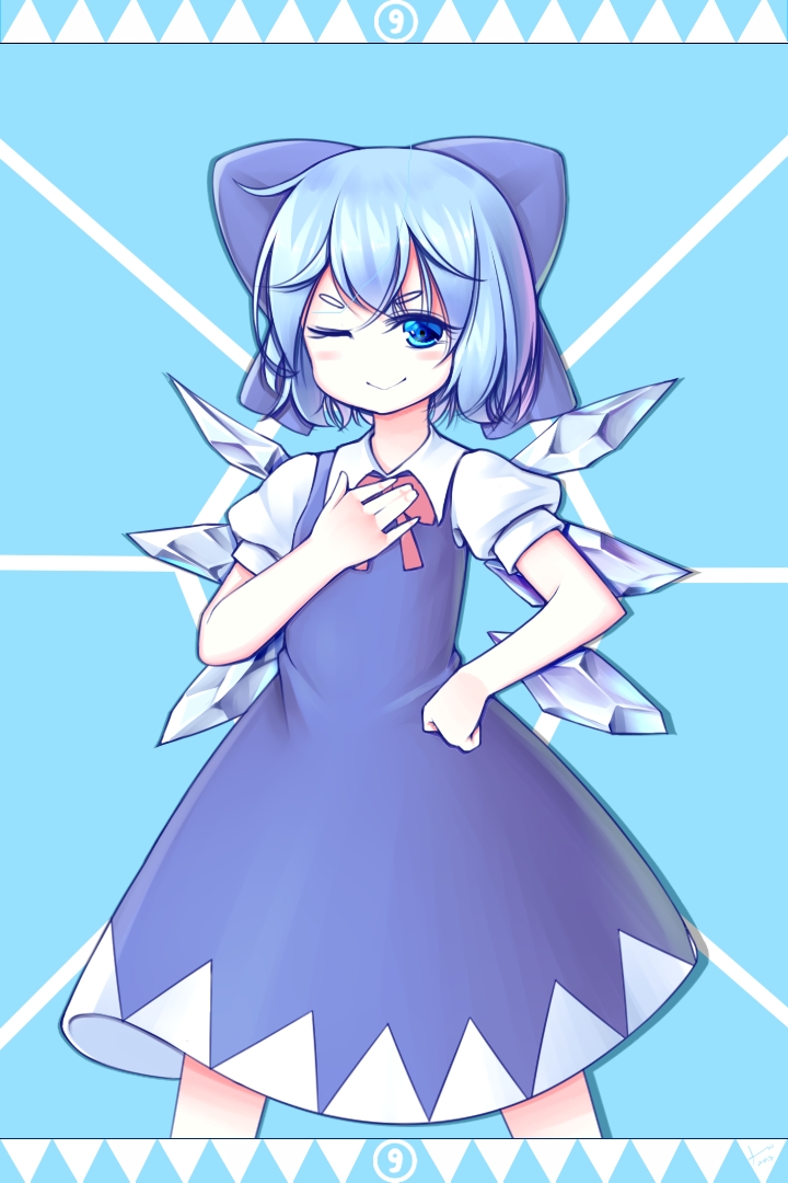 1girl blue_background blue_bow blue_dress blue_eyes blue_hair blue_theme blush bow circled_9 cirno closed_mouth collared_shirt cropped_legs detached_wings dress hair_bow hand_on_own_chest hand_on_own_hip ice ice_wings light_smile neck_ribbon one_side_up pinafore_dress puffy_short_sleeves puffy_sleeves red_ribbon ribbon sbgu shirt short_sleeves simple_background sleeveless sleeveless_dress solo touhou white_shirt wings