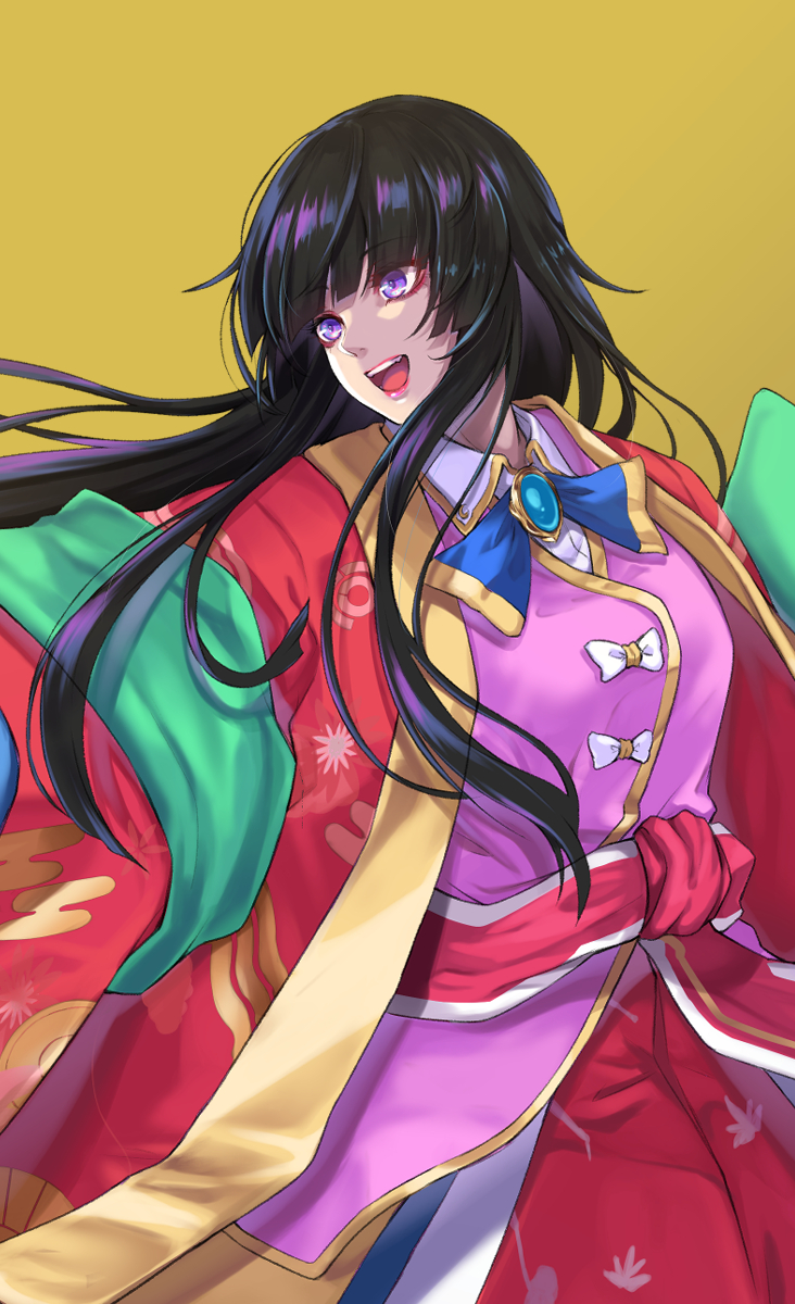 1girl bamboo_print blunt_bangs breasts brooch collared_shirt commentary_request egasumi eyeshadow gem gold_trim green_gemstone highres hime_cut houraisan_kaguya japanese_clothes jewelry kimono large_breasts leaf_print lips long_hair long_skirt long_sleeves looking_to_the_side makeup open_mouth pink_kimono re_(re_09) red_eyeshadow red_sash sash shirt sidelocks simple_background skirt solo teeth touhou upper_body upper_teeth_only violet_eyes white_shirt yellow_background