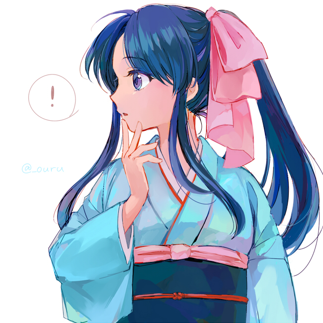 ! 1girl blue_eyes blue_hair blue_kimono commentary finger_to_own_chin hair_ribbon hand_up high_ponytail japanese_clothes kamiya_kaoru kimono long_hair long_sleeves looking_to_the_side obi ouru109 parted_lips pink_ribbon profile ribbon rurouni_kenshin sash sidelocks solo spoken_exclamation_mark twitter_username upper_body white_background wide_sleeves