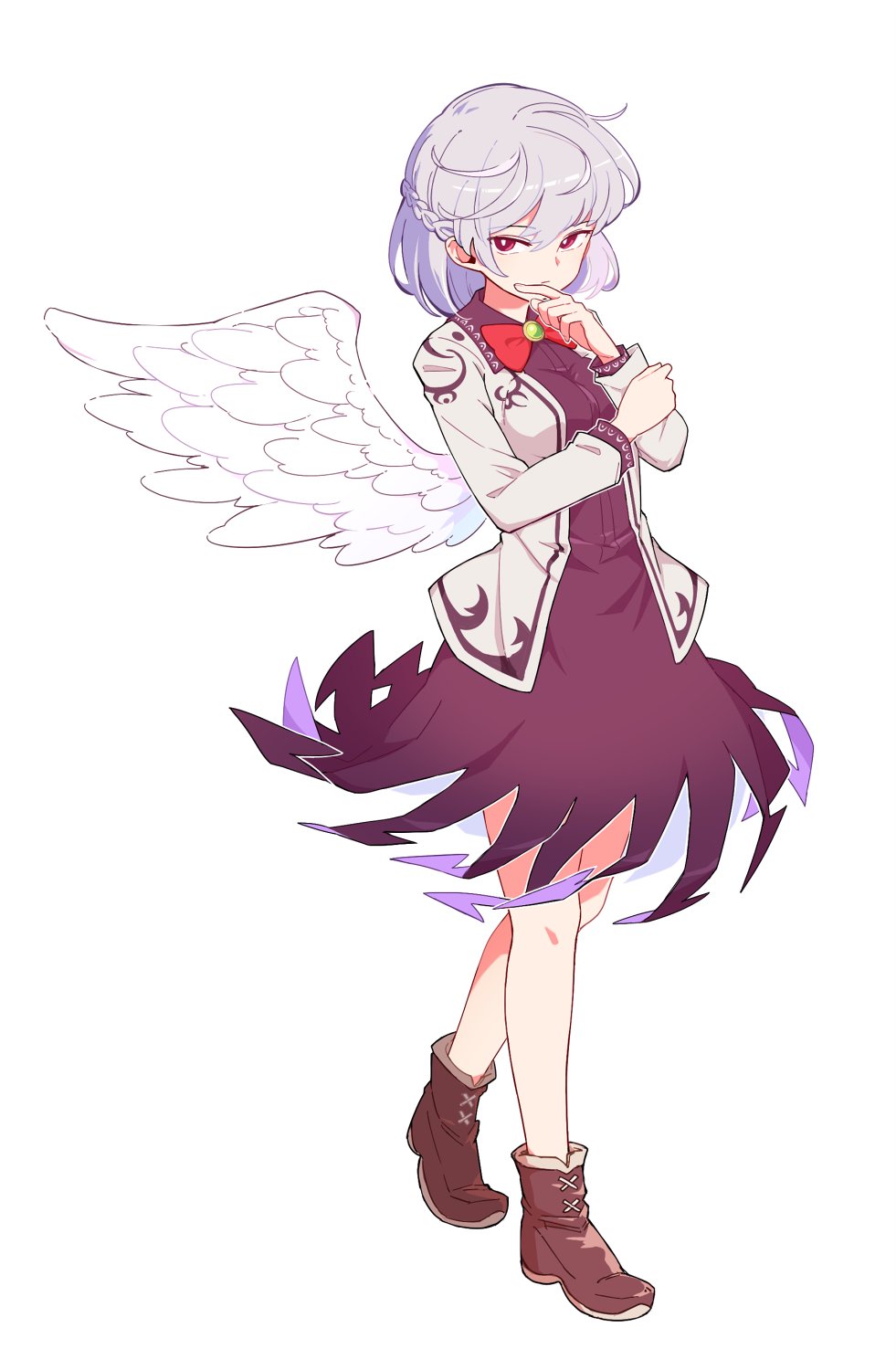 1girl brown_footwear closed_mouth dress feathered_wings full_body grey_hair grey_jacket highres jacket kishin_sagume maguro_(mawaru_sushi) open_clothes open_jacket purple_dress red_eyes shoes short_hair simple_background single_wing solo touhou white_background white_wings wings