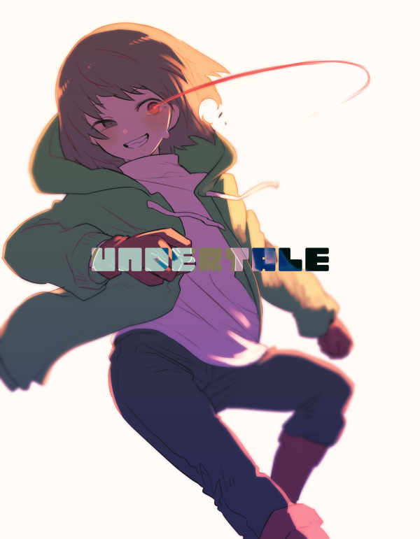 1other black_pants blurry blush bob_cut boots brown_eyes brown_hair chara_(undertale) character_name chromatic_aberration commentary crazy_eyes depth_of_field dodging eye_trail foot_out_of_frame gloves green_hoodie grin heterochromia hood hood_down hoodie jumping light_blush light_trail long_sleeves open_clothes open_hoodie oshiruko_(tsume) pants red_eyes red_footwear red_gloves shirt short_hair simple_background smile solo storyshift sweatdrop turtleneck undertale white_background white_shirt