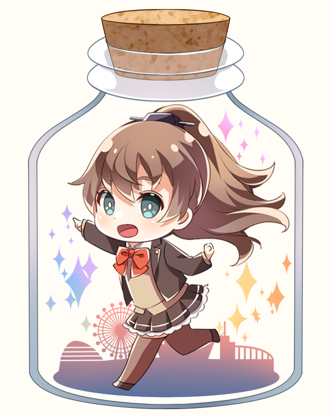 1girl blue_eyes bottle brown_footwear brown_hair brown_jacket brown_skirt brown_thighhighs collared_shirt full_body hair_between_eyes in_bottle in_container jacket kantai_collection kukimaru kumano_(kancolle) kumano_kai_ni_(kancolle) long_hair neck_ribbon open_clothes open_jacket open_mouth pleated_skirt ponytail red_ribbon ribbon shirt shoes skirt solo thigh-highs white_shirt