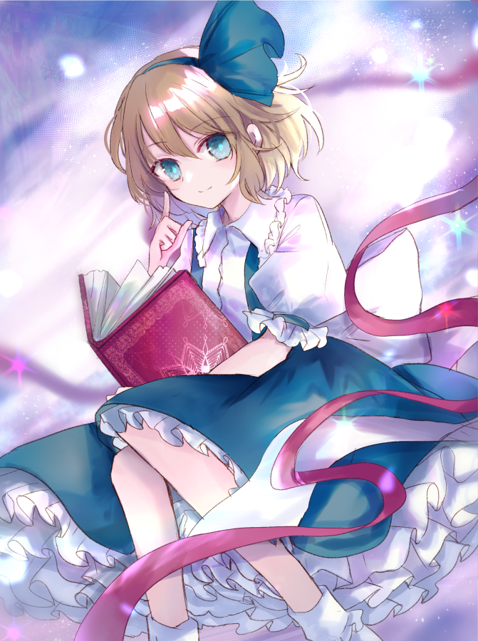 1girl alice_margatroid alice_margatroid_(pc-98) blonde_hair blue_dress blue_hairband book closed_mouth commentary_request commission dress feet_out_of_frame frilled_skirt frills hairband holding holding_book index_finger_raised kazu_(muchuukai) looking_at_viewer short_hair short_sleeves skeb_commission skirt smile socks solo touhou touhou_(pc-98) white_socks