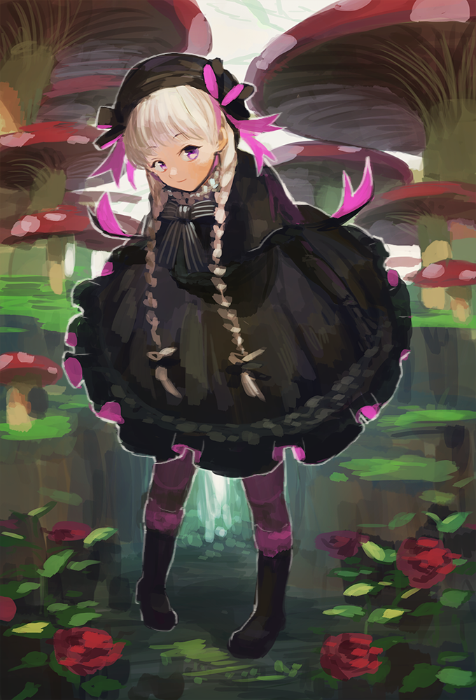 1girl arms_behind_back black_dress black_footwear black_headwear braid closed_mouth dress eyelashes fate/grand_order fate_(series) flower fly_agaric full_body hat mushroom nursery_rhyme_(fate) outdoors pink_eyes pink_thighhighs red_flower red_rose reshi3310 ribbon rose smile solo striped striped_ribbon thigh-highs twin_braids white_hair