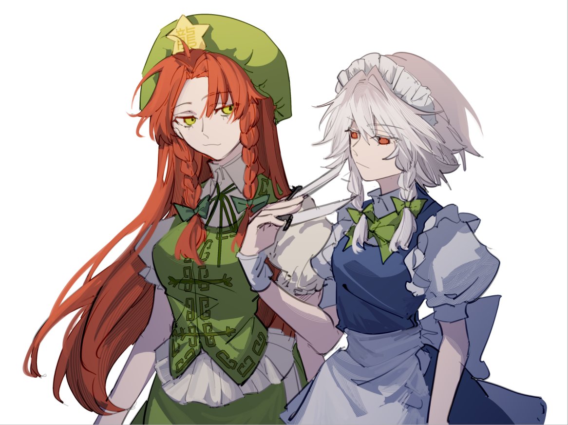 2girls apron armband bow chinese_clothes green_bow green_eyes green_shirt green_skirt green_vest hat hat_ornament holding holding_knife hong_meiling izayoi_sakuya knife long_hair looking_to_the_side maid maid_headdress multiple_girls red_eyes redhead shirt short_hair skirt star_(symbol) star_hat_ornament throwing_knife touhou vest weapon white_apron white_background white_hair xian_qishui
