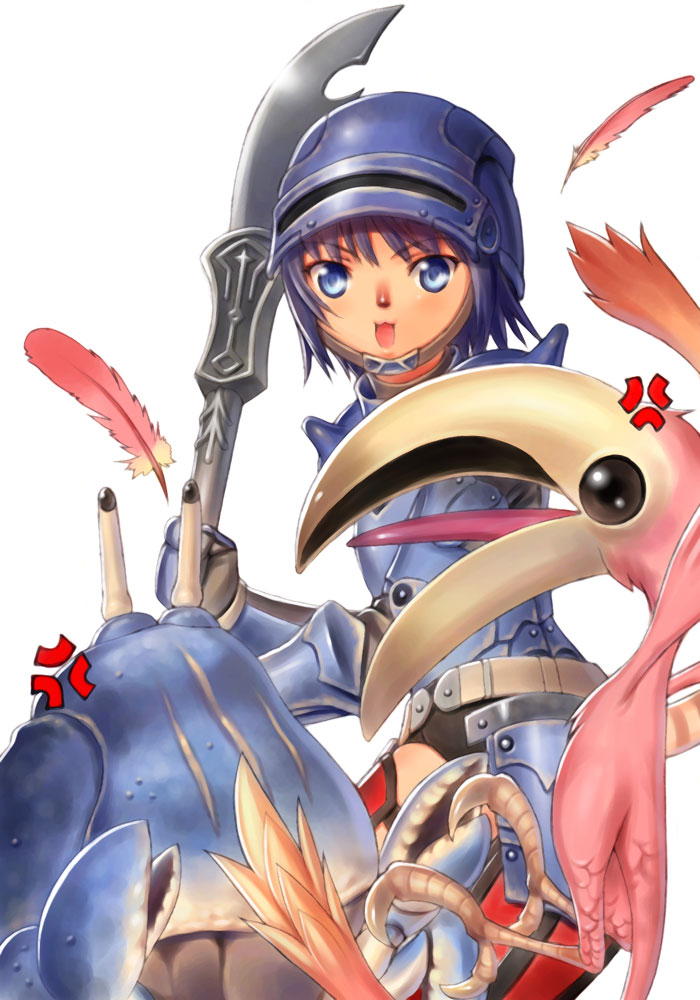 1girl :3 :d anger_vein animal_nose armor avatar_(ff11) bird black_gloves blue_armor blue_eyes blue_hair blue_headwear blue_pupils breastplate carapace cat_girl cat_tail colibri_(final_fantasy) crab dark_blue_hair faulds feathers final_fantasy final_fantasy_xi gauntlets gloves helmet holding holding_polearm holding_weapon mithra_(ff11) open_mouth pink_feathers polearm red_thighhighs short_hair simple_background smile solo tail tail_raised taisai_soft thigh-highs weapon white_background