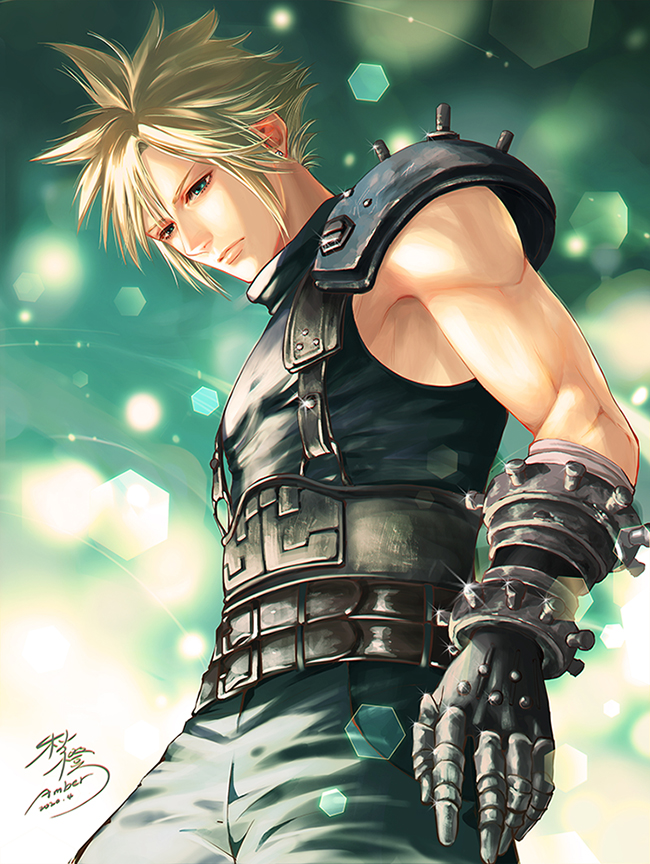1boy amber_(orangeamber12) armor belt belt_buckle black_gloves blonde_hair blue_eyes buckle chinese_commentary closed_mouth cloud_strife commentary_request dated earrings final_fantasy final_fantasy_vii final_fantasy_vii_remake glint gloves jewelry light_particles looking_down male_focus multiple_belts short_hair shoulder_armor signature sleeveless sleeveless_turtleneck solo spiky_hair stud_earrings suspenders sweater toned toned_male turtleneck turtleneck_sweater upper_body