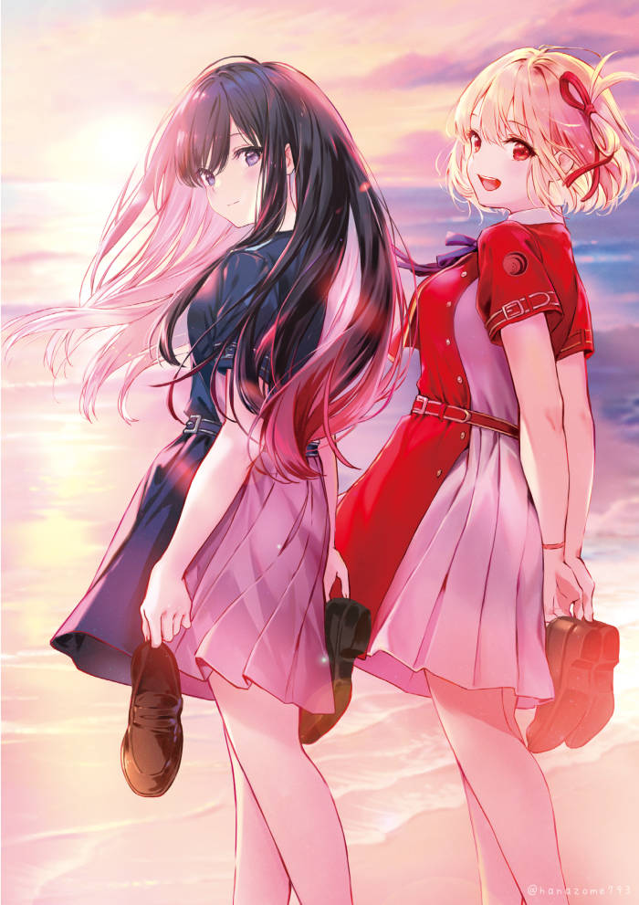2girls :d beach belt black_hair blonde_hair blue_belt blue_dress blue_ribbon breasts brown_footwear closed_mouth collared_shirt commentary_request dress feet_out_of_frame floating_hair grey_dress hair_between_eyes hair_ribbon holding holding_shoes inoue_takina loafers long_hair looking_at_viewer lycoris_recoil lycoris_uniform medium_breasts multiple_girls neck_ribbon nishikigi_chisato ocean one_side_up open_mouth outdoors pierorabu pleated_dress red_belt red_dress red_eyes red_ribbon ribbon shirt shoes short_hair short_sleeves sidelocks sky small_breasts smile sunset teeth upper_teeth_only violet_eyes white_shirt