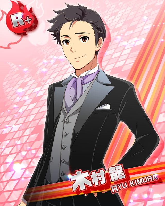 1boy black_hair buttons card_(medium) character_name formal idolmaster idolmaster_side-m kimura_ryu long_sleeves looking_at_viewer male_focus official_art pink_background smile solo