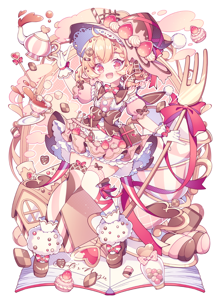 1girl :d ahoge asymmetrical_legwear black_headwear black_skirt blonde_hair bloomers blush book bow bowtie cup cupcake drink food fork hat heart heart-shaped_pupils holding holding_fork holding_teapot hyou_(pixiv3677917) knees_together_feet_apart long_bangs macaron marshmallow miniskirt mismatched_legwear open_book open_mouth original oversized_object pleated_skirt red_bow red_bowtie red_eyes saucer shirt simple_background skirt smile solo striped striped_thighhighs symbol-shaped_pupils teacup teapot thigh-highs traditional_bowtie underwear white_background white_bloomers white_shirt white_thighhighs witch_hat zettai_ryouiki